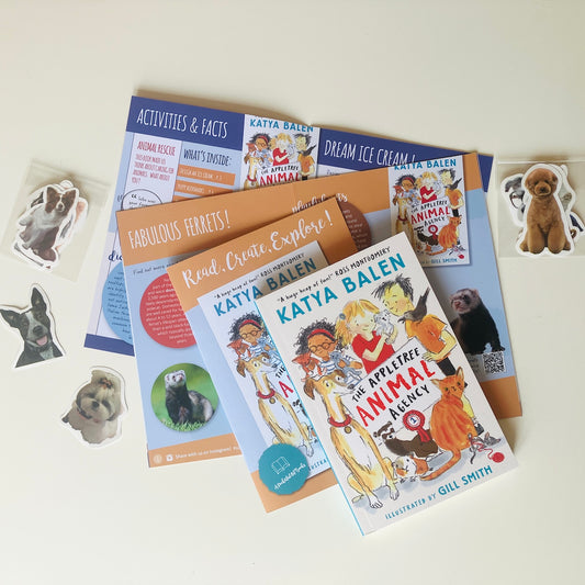 A children's book and activity booklet set including The Appletree Animal Agency by Katya Balen, from A Pocketful Of Books, a monthly kids book subscription.