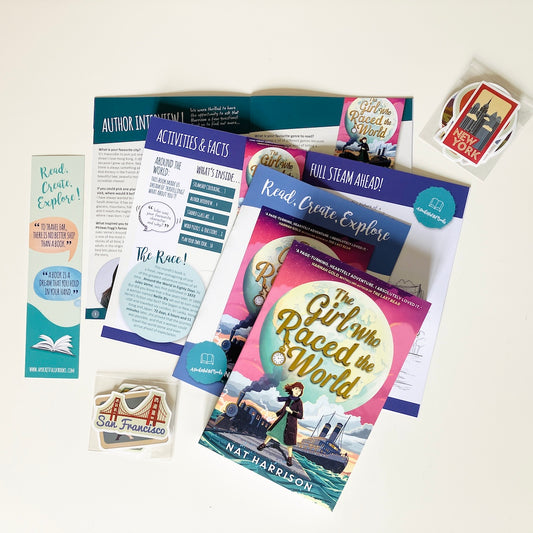 Kids monthly book subscription. Educational materials and book with 'The Girl Who Raced the World' by Nat Harrison on a white background
