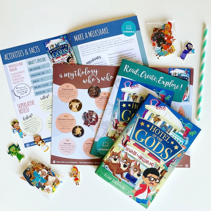 From our monthly book subscription for kids, a back issue featuring Hotel Of The Gods by Tom Easton