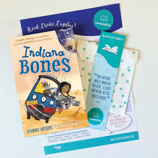A children's book titled 'Indiana Bones' by Harry Heape and Rebecca Bagley, from our collection of English books for kids.