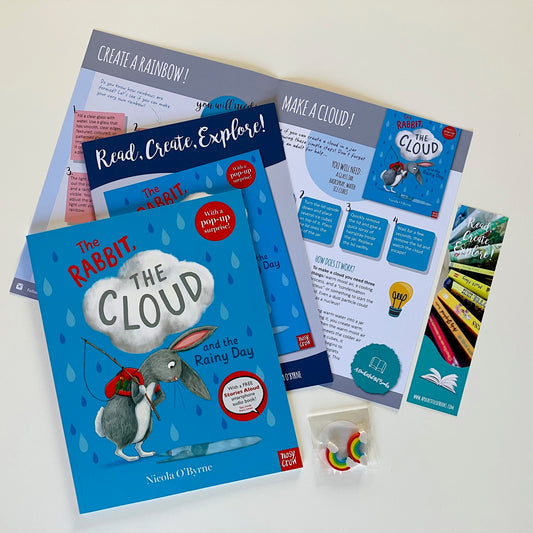 Kids book box with picture book The Rabbit The Cloud And The Rainy Day by Nicola O'Byrne