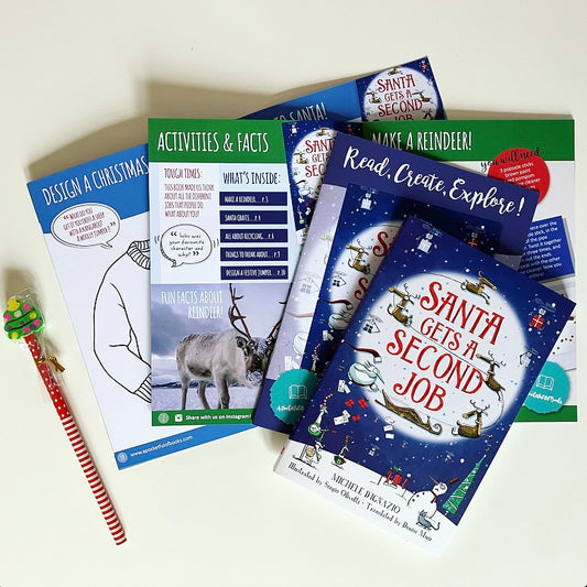 Kids book box with Santa Gets A Second Job by Michele D'Ignazio