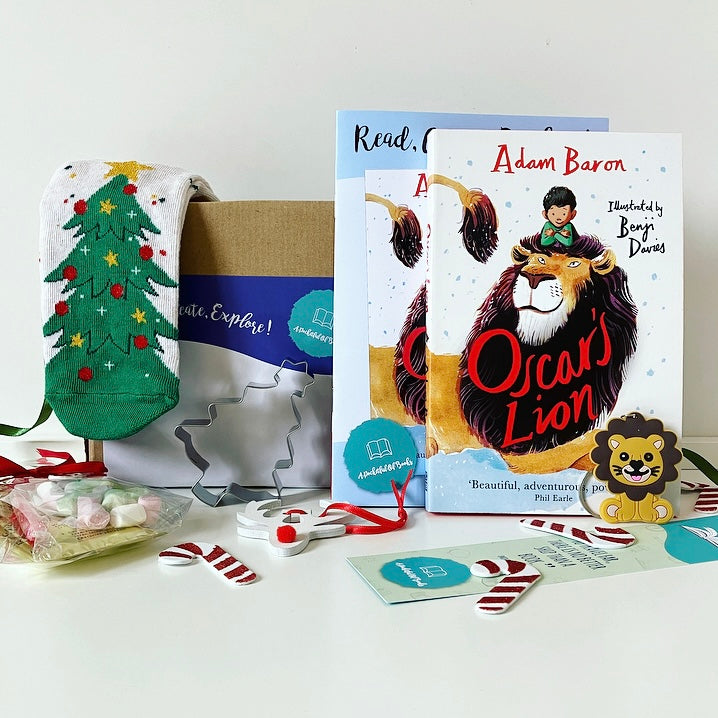 Christmas Treat Box for young bookworms with book, activity pack and festive goodies