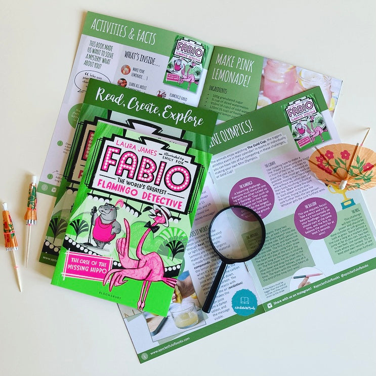 children's monthly book subscription, this box features Fabio the World's Greatest Flamingo Detective
