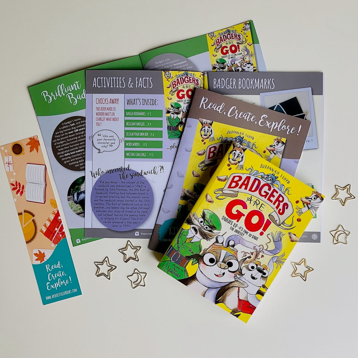Kids book subscription box featuring Badgers Are Go by Susannah Lloyd. Books with activity packs from A Pocketful Of Books.