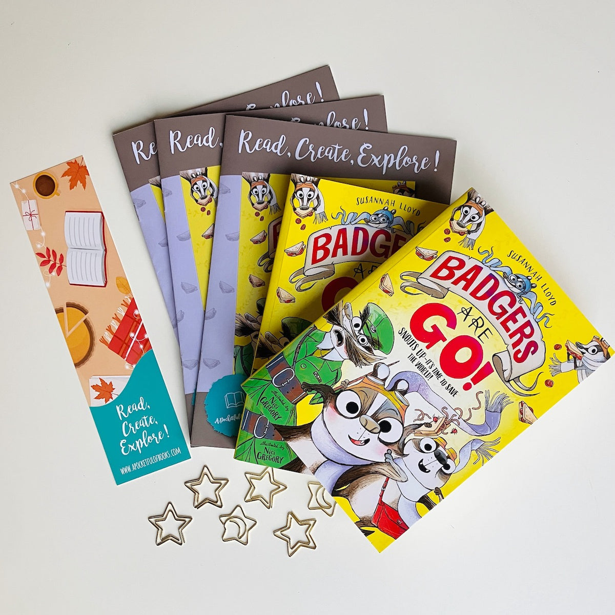 Kids book subscription box featuring Badgers Are Go by Susannah Lloyd. Books with activity packs from A Pocketful Of Books.