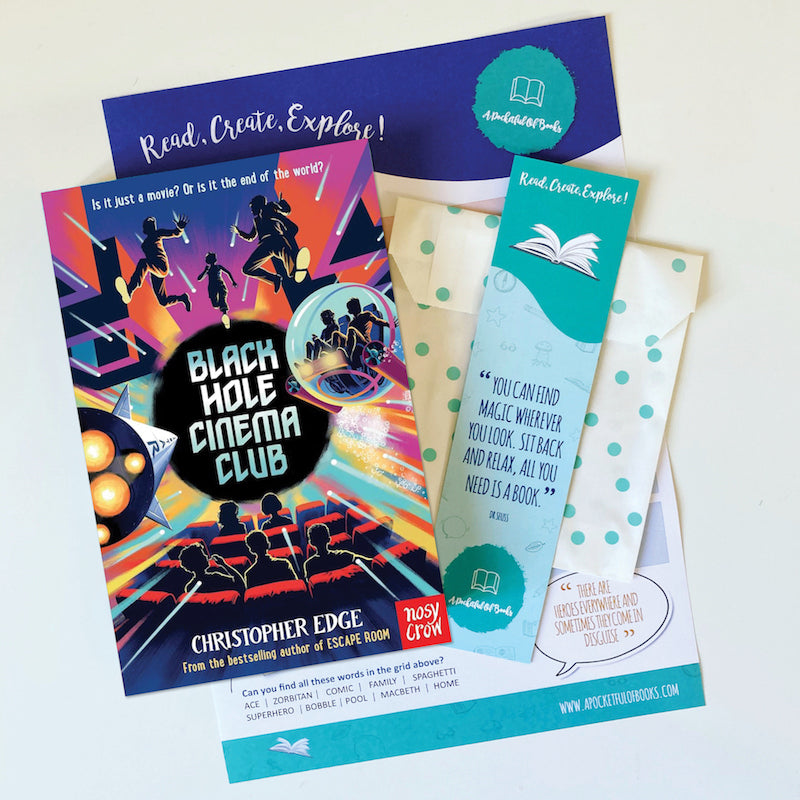 Black Hole Cinema Club, a book for middle grade readers by Christopher Edge, with activity sheet. 