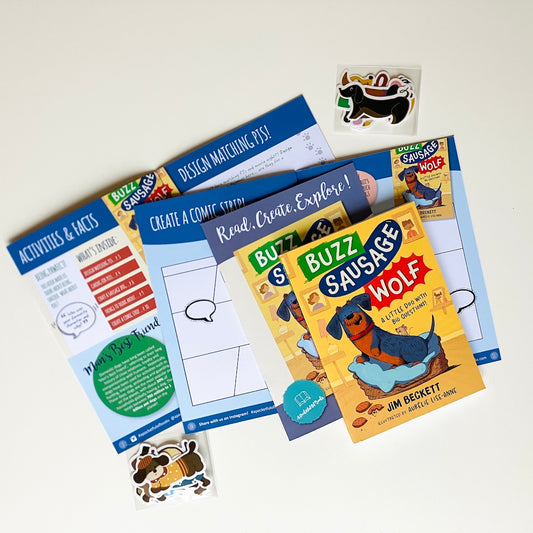 Kids' monthly book subscription featuring paperback Buzz sausage Wolf by Jim Beckett.