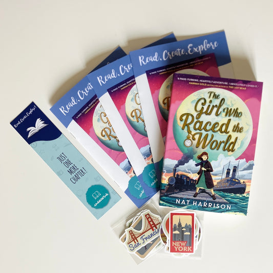 Kids monthly book subscription. Educational materials and book with 'The Girl Who Raced the World' on a white background