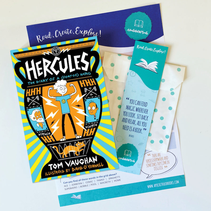 The book 'Hercules: The Diary of a Soet Of Hero' by Tom Vaughan, illustrated by David O'Connell, alongside a bookmark and envelope on a white background. Handpicked English books for young readers. 