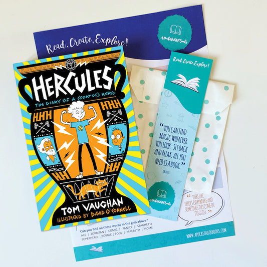 The book 'Hercules: The Diary of a Soet Of Hero' by Tom Vaughan, illustrated by David O'Connell, alongside a bookmark and envelope on a white background. Handpicked English books for young readers. 
