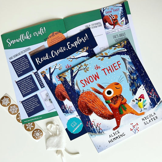 Book box for young readers with The Snow Thief by Alice Hemming and Nicola Slater, a monthly book subscription for children.