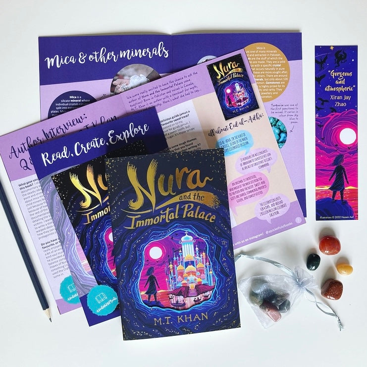 A book box from A Pocketful Of Books featuring Nura and the Immortal Palace. A monthly book subscription for kids. 