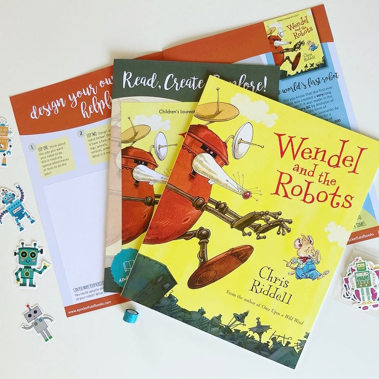 Book box for younger readers from A Pocketful Of Books featuring Wendel and the Robots