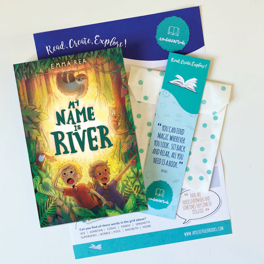 A children's book titled 'A Name is River' by Emma Rae, displayed with a bookmark and activity sheet.