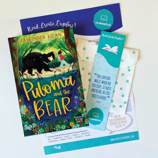 Book titled 'Puloma and the Bear' by Jasbinder Bilan with bookmarks and a card on a white background