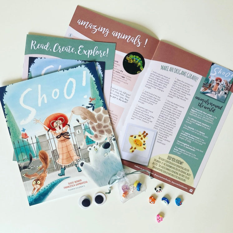 Children's book box featuring Shoo! by Susie Bower