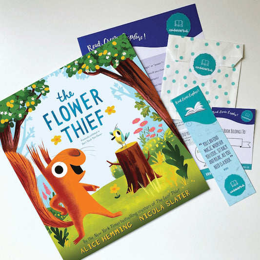 Children's book 'The Flower Thief' by Alice Hemming and Nicola Slater, shown with bookmark and activity sheet. From our collection of English picture books for kids. 