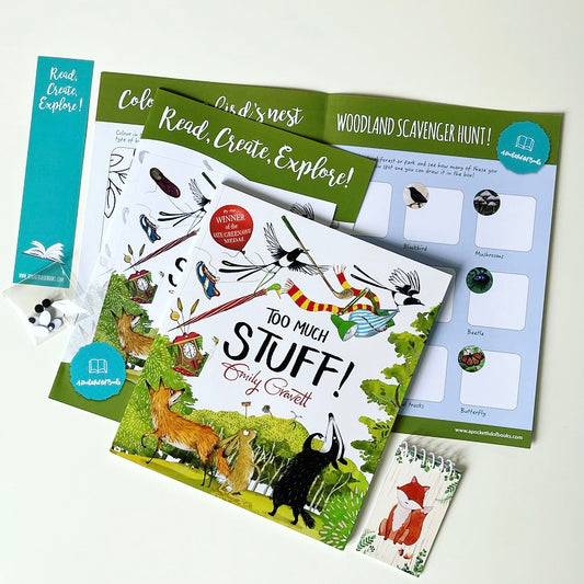 Subscription book box for children featuring Too Much Stuff by Emily Gravett