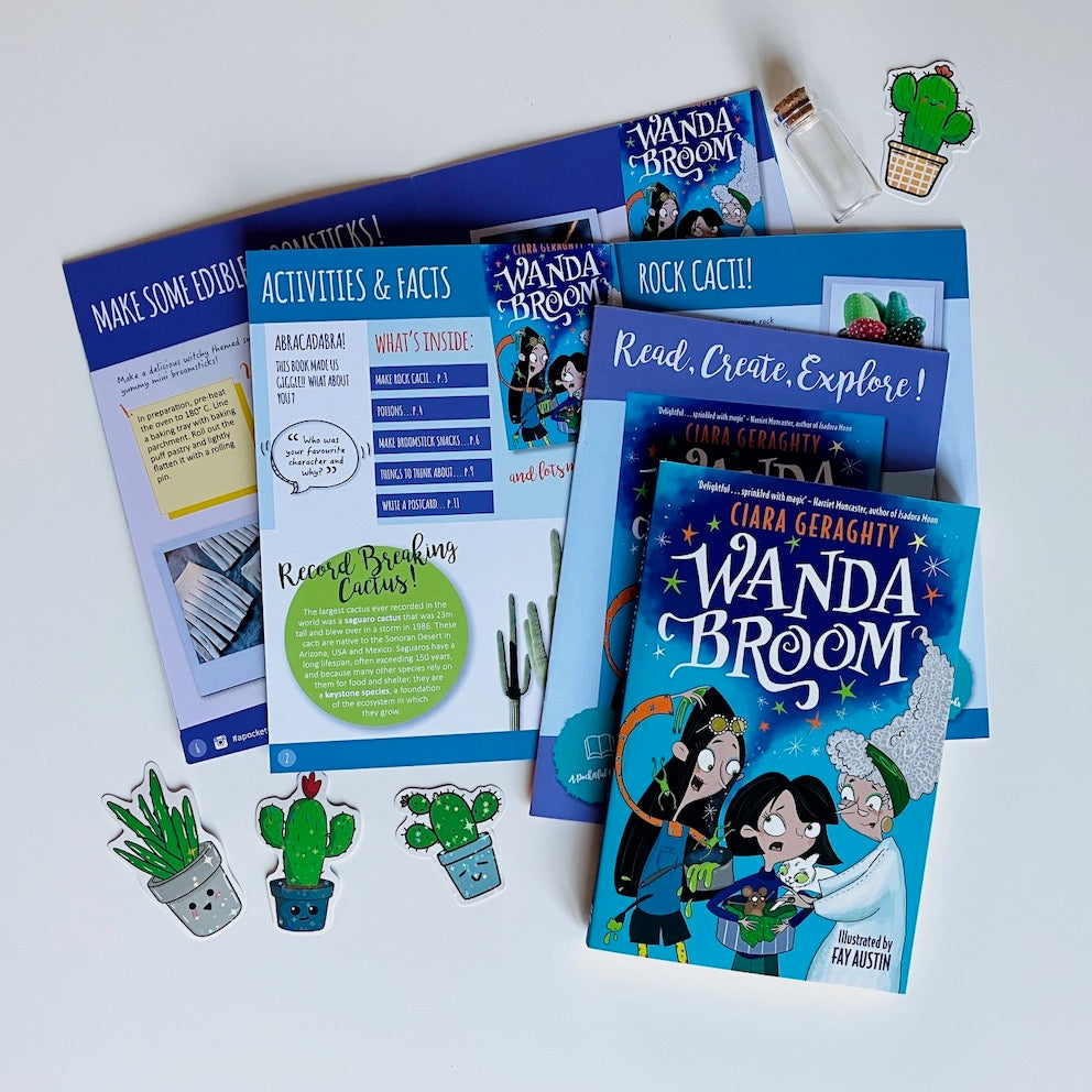 Children's book titled 'Wanda Broom' with activity sheets, from monthly kids book subscription box.