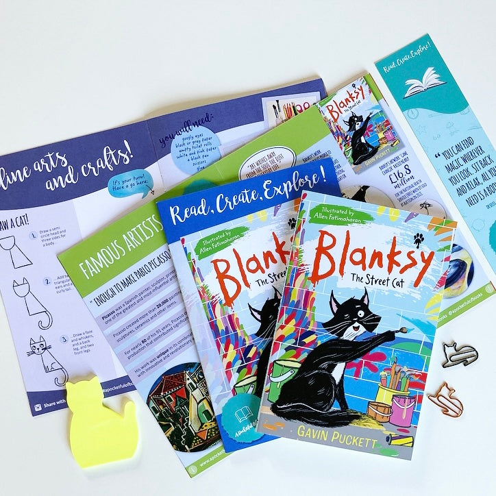 A Pocketful Of Books monthly book box for kids with Blanksy The Street Cat