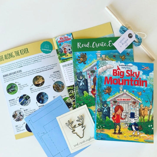 A book box for kids aged 5-8 with a beautfully illustrated chapter book perfect for animal fans, Big Sky Mountain by Alex Milway.