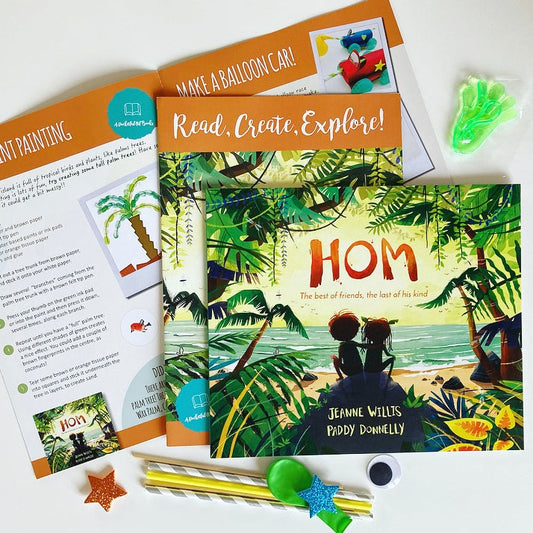 Monthly book subscription for kids, single boxes and monthly deliveries, featuring Hom by Jeanne Willis