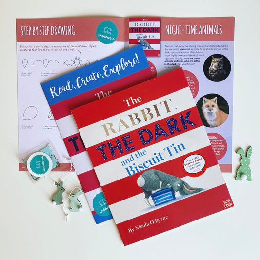 Monthly children's book subscription featuring The Rabbit The Dark and The Biscuit Tin